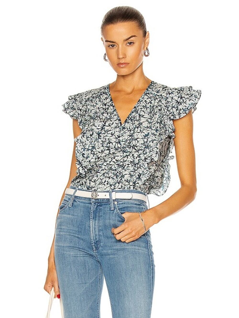 Veronica Beard Joi Abstract Print Flutter Sleeve Blouse in Navy Blue size 12